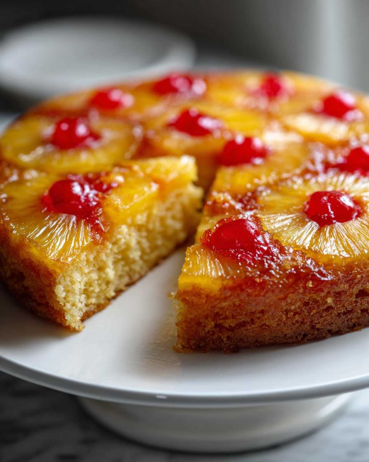 A close-up of a moist pineapple upside down cake with caramelized pineapple rings and bright red maraschino cherries.