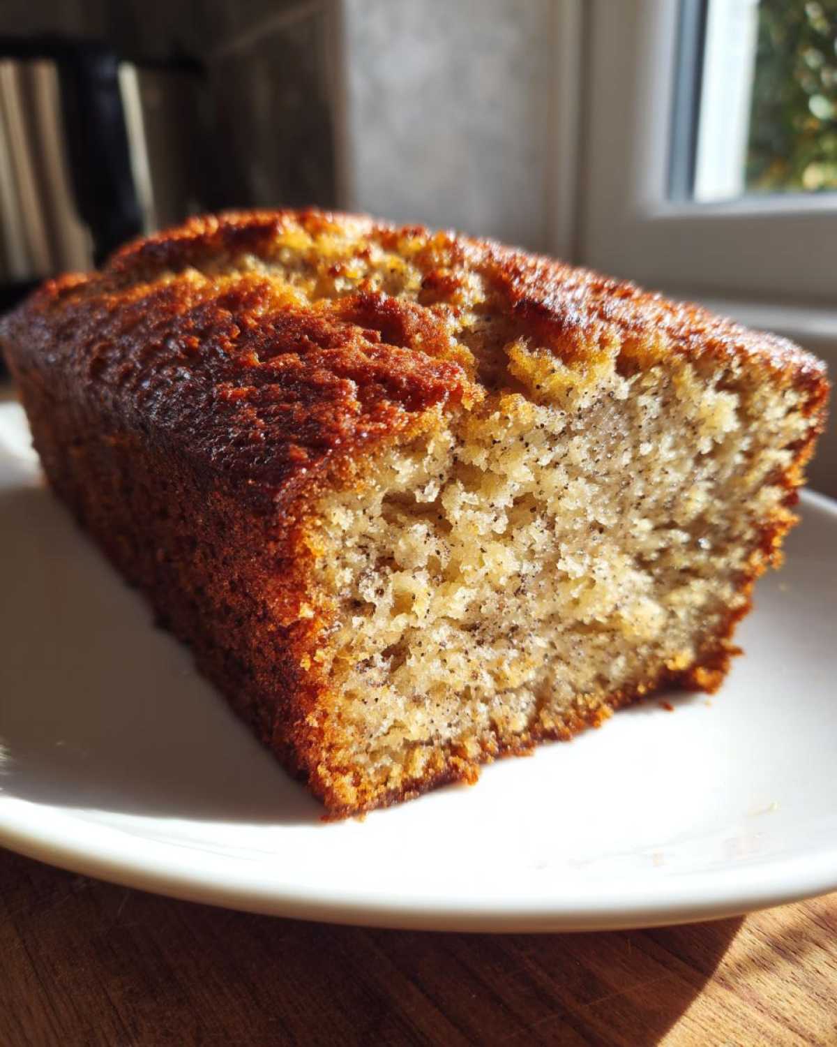 Close-up of a moist slice of the best banana bread showing a dark, caramelized crust and speckled interior.
