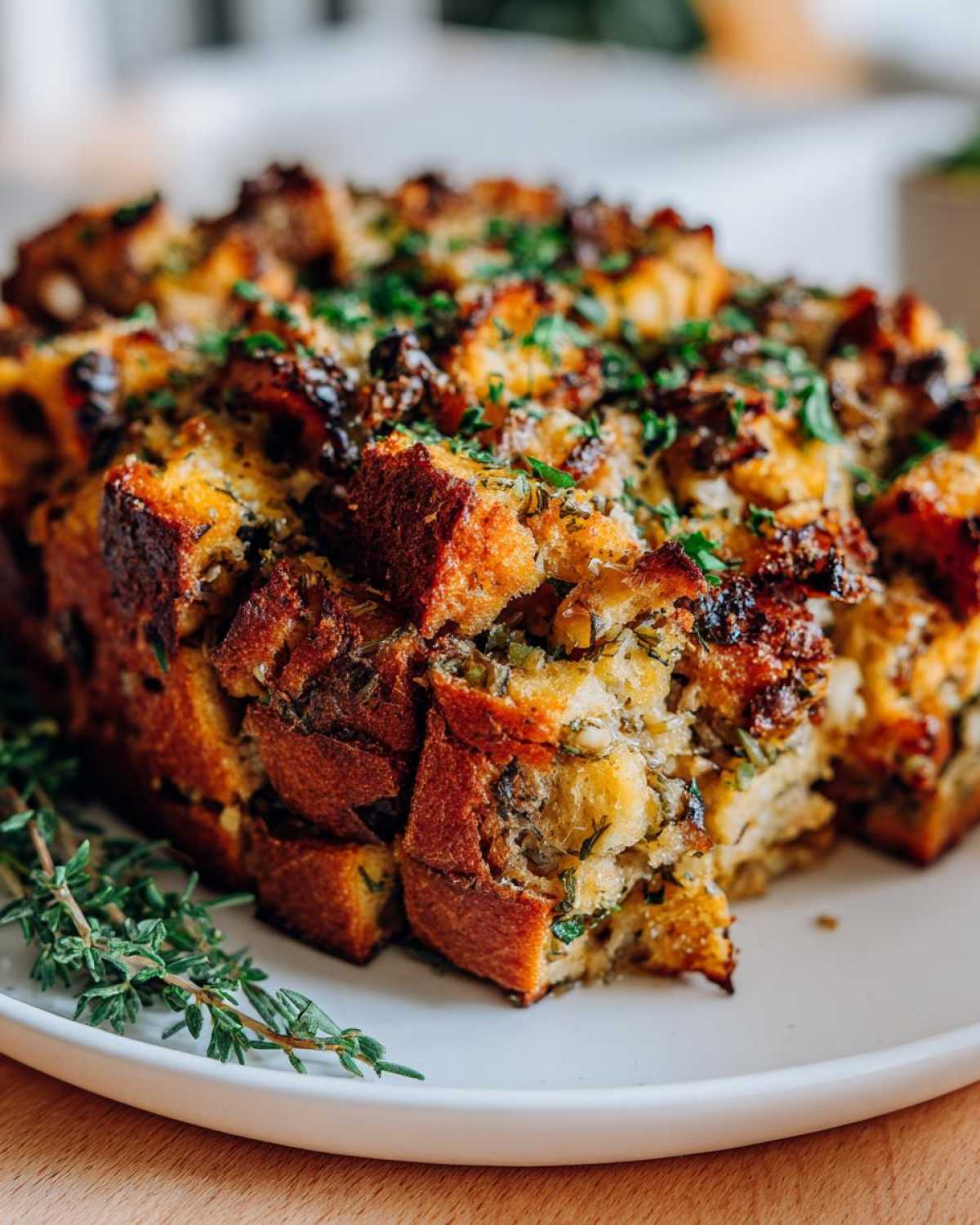 Close-up of a freshly baked, moist stuffing loaf with golden brown bread cubes and fresh herbs.