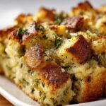 Close-up of moist stuffing featuring golden brown, crispy bread cubes mixed with herbs and celery.