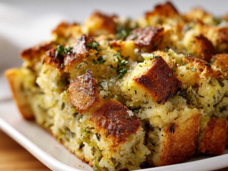 Amazing 1-Dish Moist Stuffing Secret Close-up of moist stuffing featuring golden brown, crispy bread cubes mixed with herbs and celery.