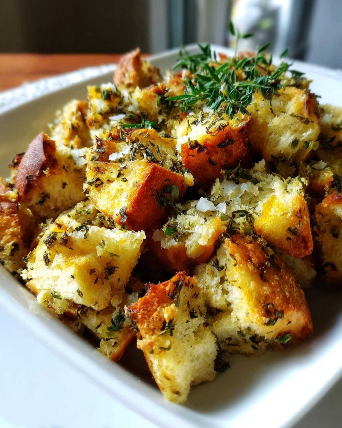 Close-up of moist stuffing cubes seasoned with herbs and topped with fresh thyme sprigs.