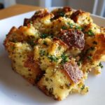 Close-up of a serving of moist stuffing with golden-brown, crispy edges, garnished with fresh parsley.