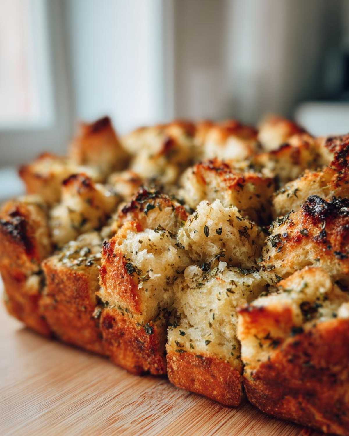 Close-up of a baked loaf of moist stuffing, cut into pull-apart cubes and topped with green herbs.