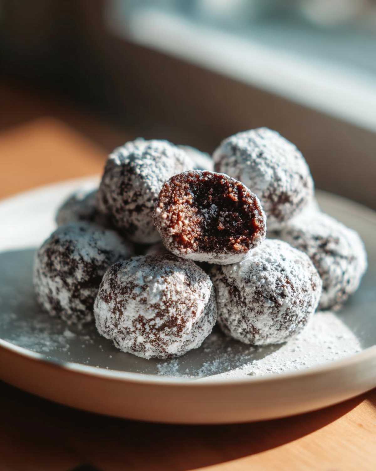 A pile of rich, dark bourbon balls heavily coated in powdered sugar, with one cut in half showing the dense interior.