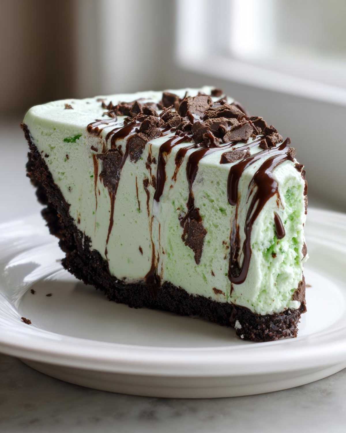 A decadent slice of no bake grasshopper pie featuring mint green filling, dark chocolate crust, and chocolate topping.