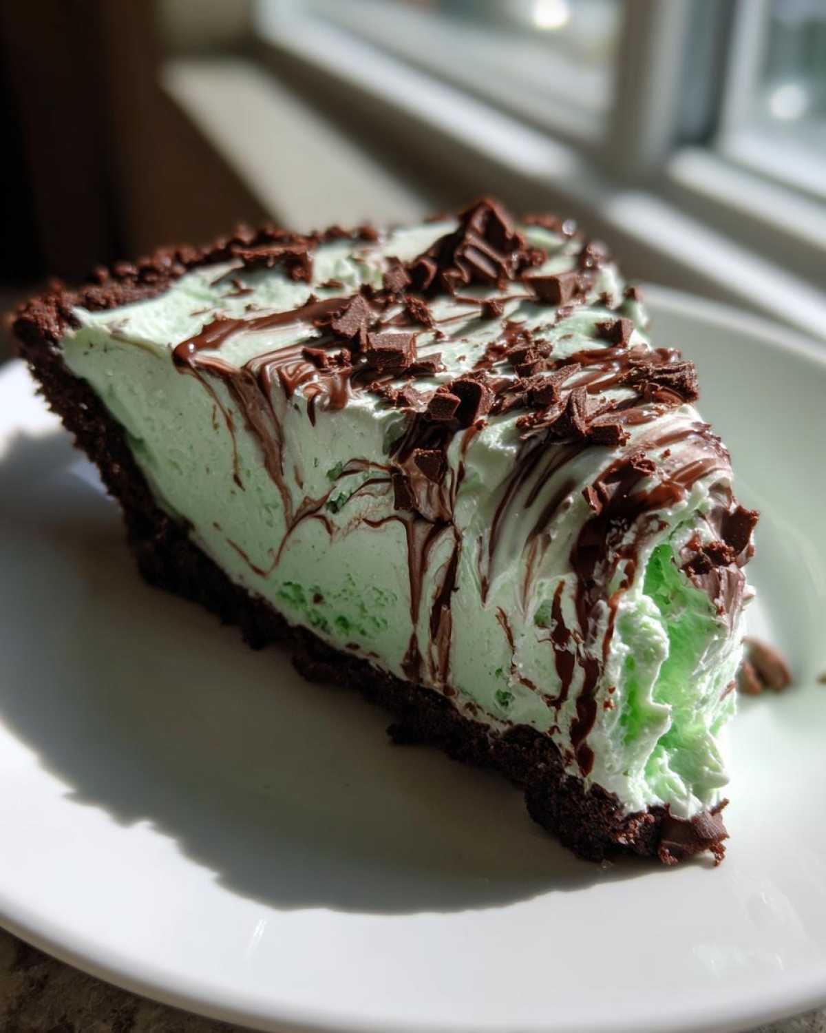 A decadent slice of no bake grasshopper pie featuring mint green filling, a dark crust, and chocolate drizzle.