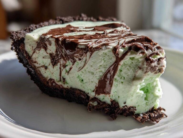 A close-up of a slice of no bake grasshopper pie showing the light green mint filling and dark chocolate crust with chocolate syrup drizzled on top.