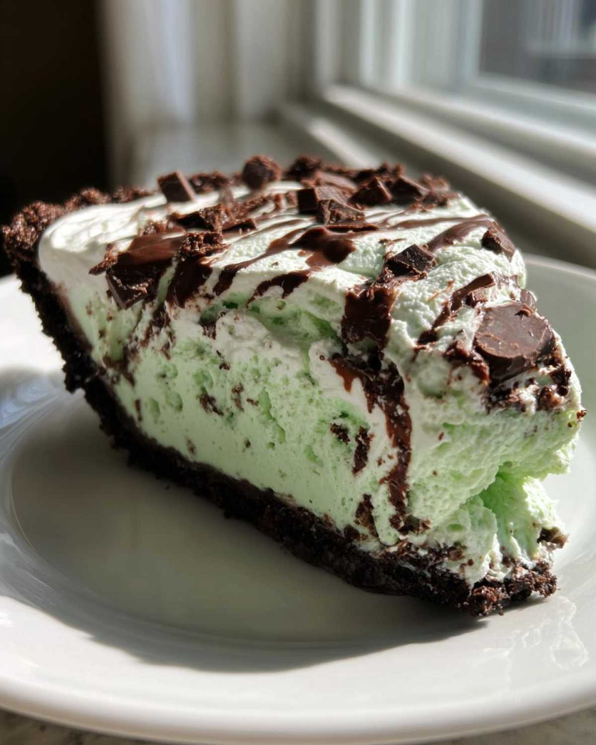A close-up slice of creamy, light green grasshopper pie with a dark chocolate crust, topped with whipped cream, chocolate drizzle, and chunks.
