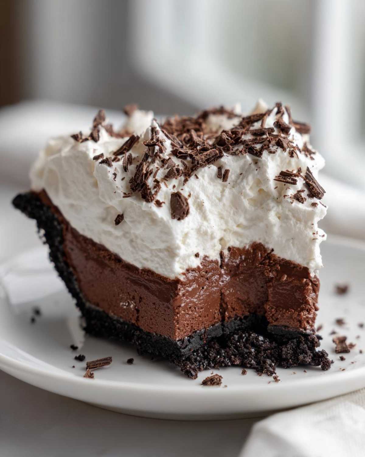 A close-up of a slice of rich chocolate mud pie with a dark crust, creamy filling, and whipped topping sprinkled with chocolate shavings.
