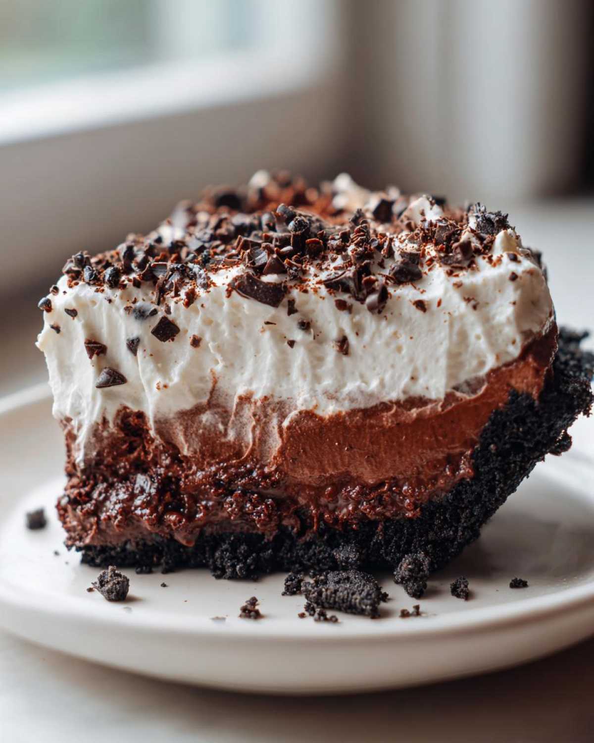 Close-up of a rich slice of no bake mud pie showing dark crust, chocolate layers, and whipped topping sprinkled with chocolate shavings.