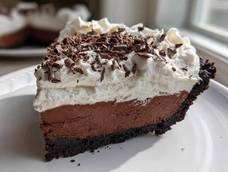 A thick slice of no bake mud pie showing a dark chocolate crust, rich chocolate filling, and whipped cream topped with chocolate shavings.