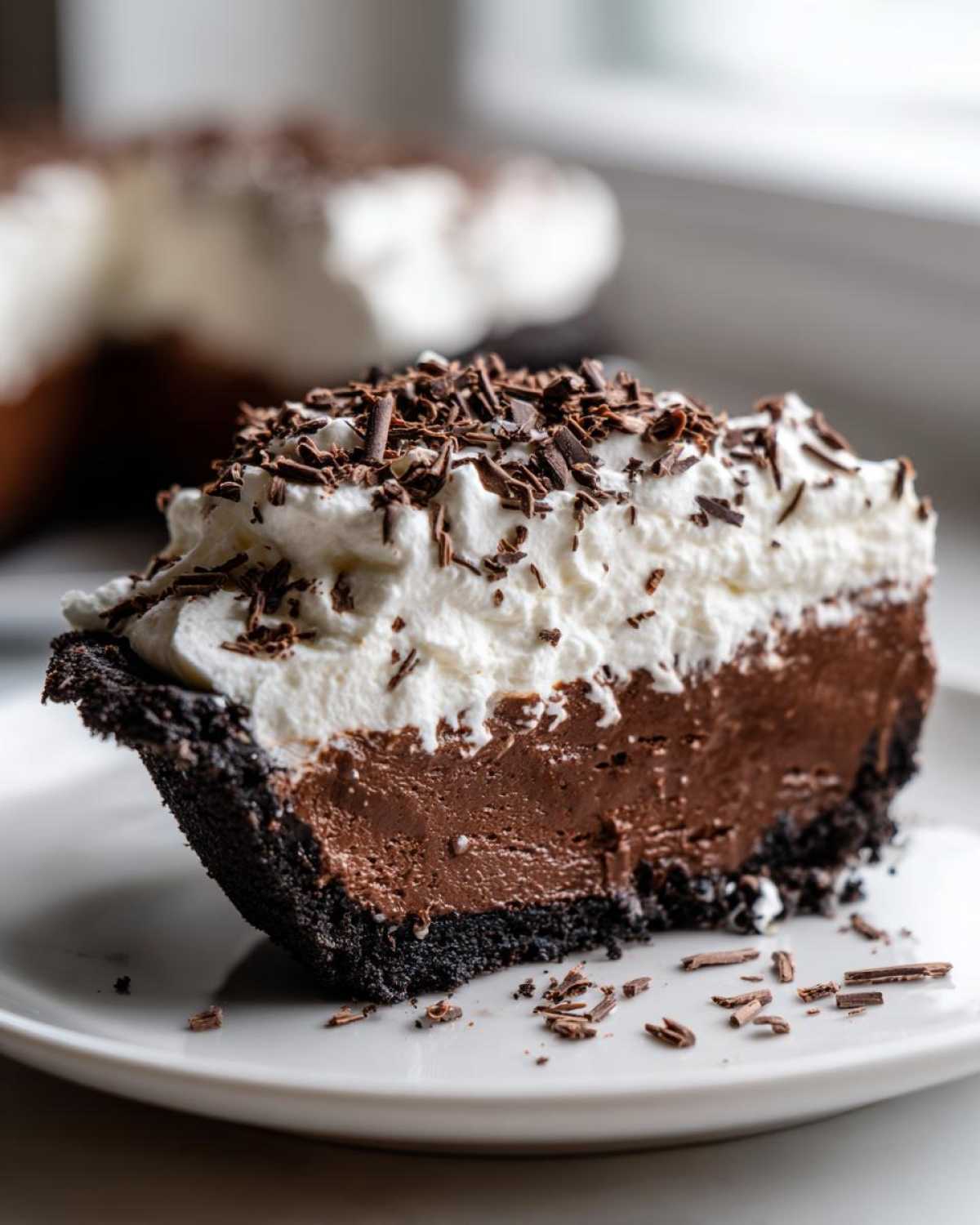 Close-up of a slice of rich, no-bake mud pie featuring a dark crust, thick chocolate filling, and whipped cream topped with chocolate shavings.