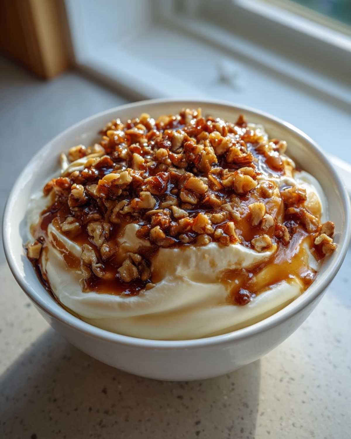 A white bowl filled with creamy no-bake pecan pie dip, generously topped with caramel sauce and chopped pecans.