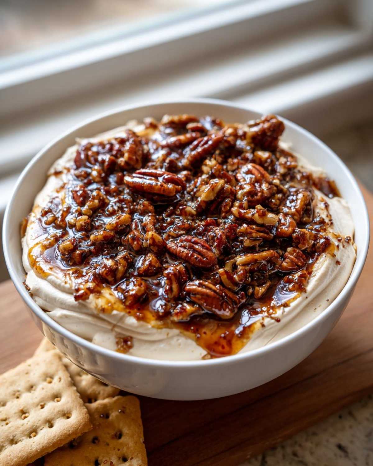 A creamy bowl of no-bake pecan pie dip topped generously with glazed pecans and caramel sauce, served with crackers.