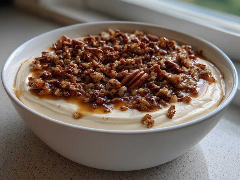 Amazing 15-Minute No-Bake Pecan Pie Dip Close-up of a creamy, light-colored pecan pie dip topped generously with glazed, chopped pecans and caramel sauce.