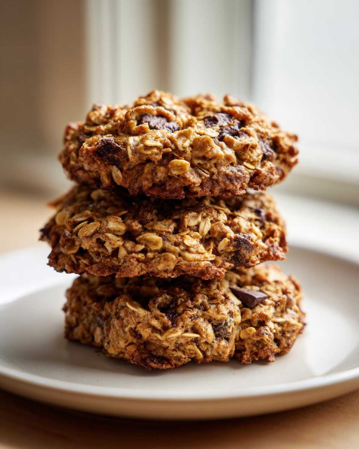 A stack of three hearty, textured breakfast cookie treats made with oats and chocolate chips.
