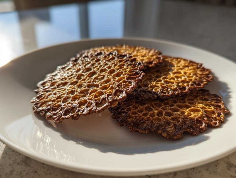 Four golden brown, delicate oatmeal lace cookies with a honeycomb texture stacked on a white plate.