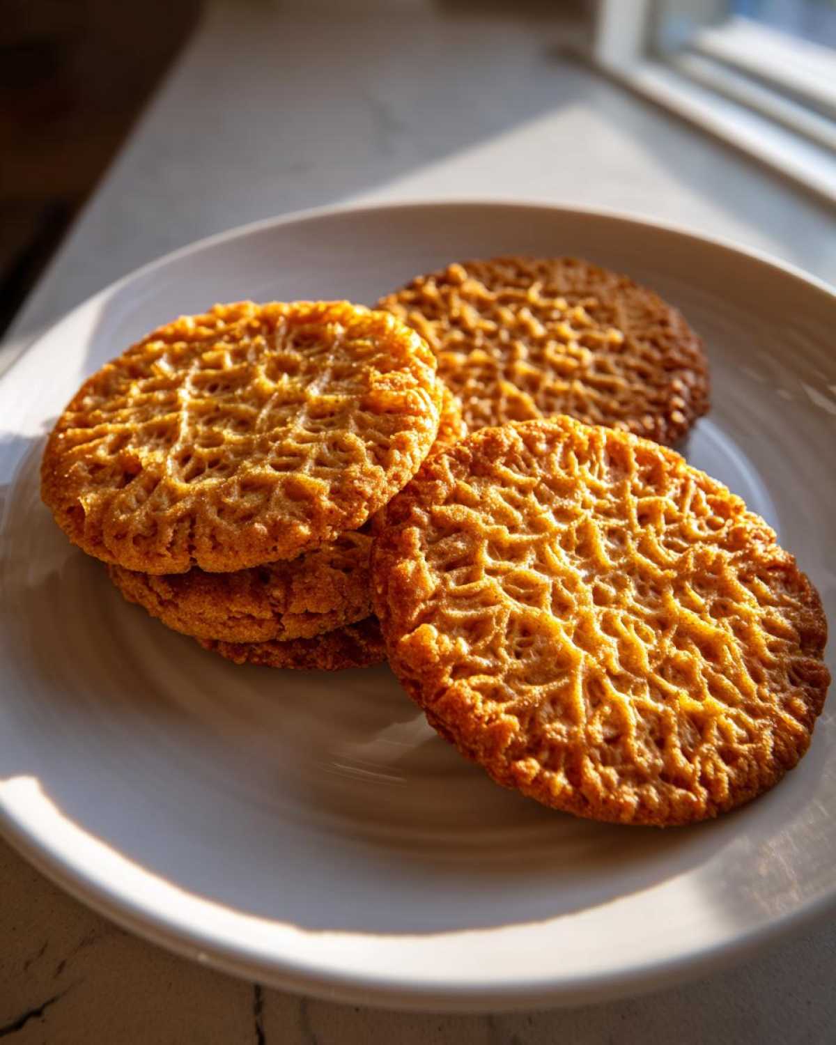 Close-up of golden brown oatmeal lace cookies with a delicate, web-like texture stacked on a white plate near a window.
