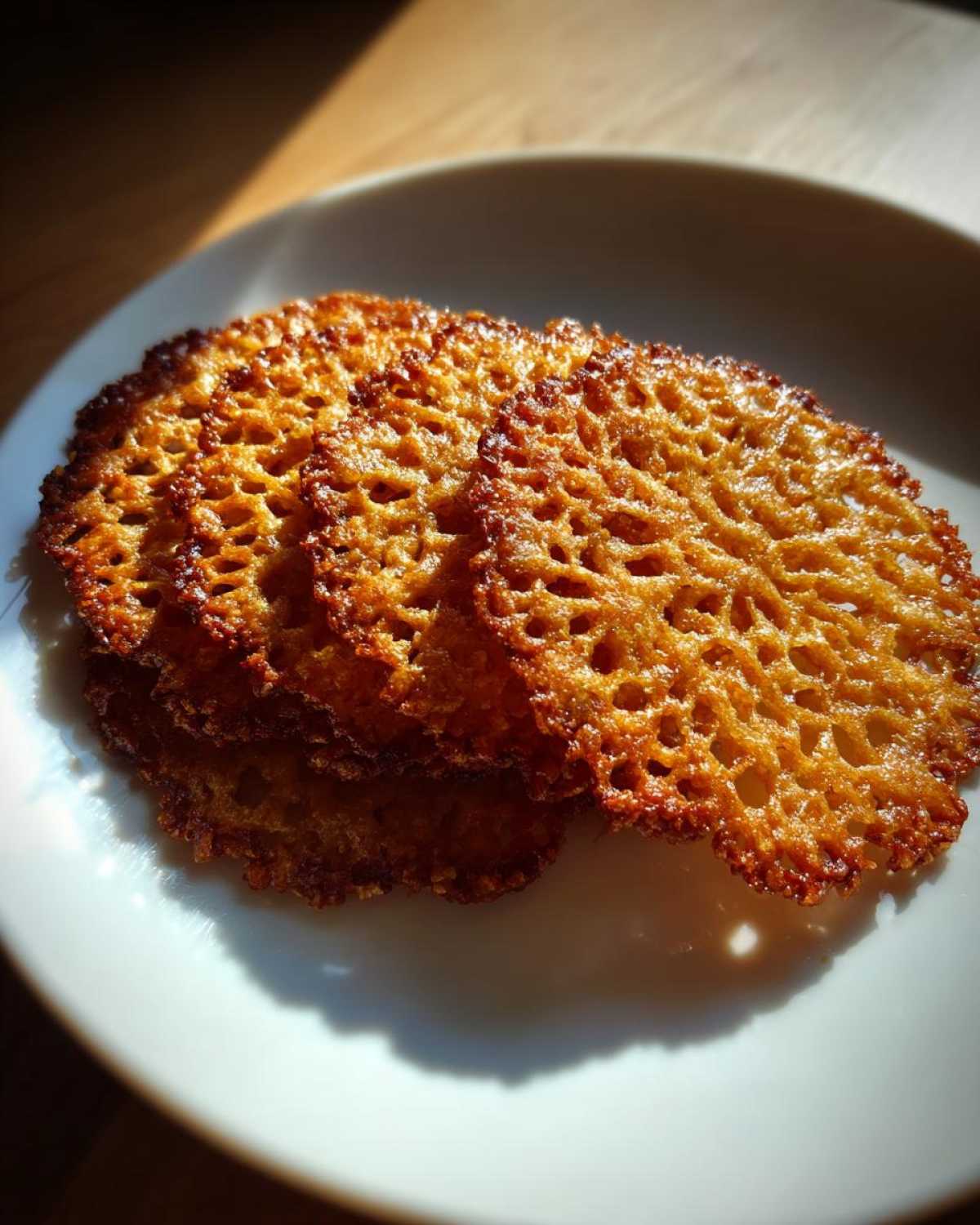 Close-up of several crispy, golden brown oatmeal lace cookies stacked on a white plate.