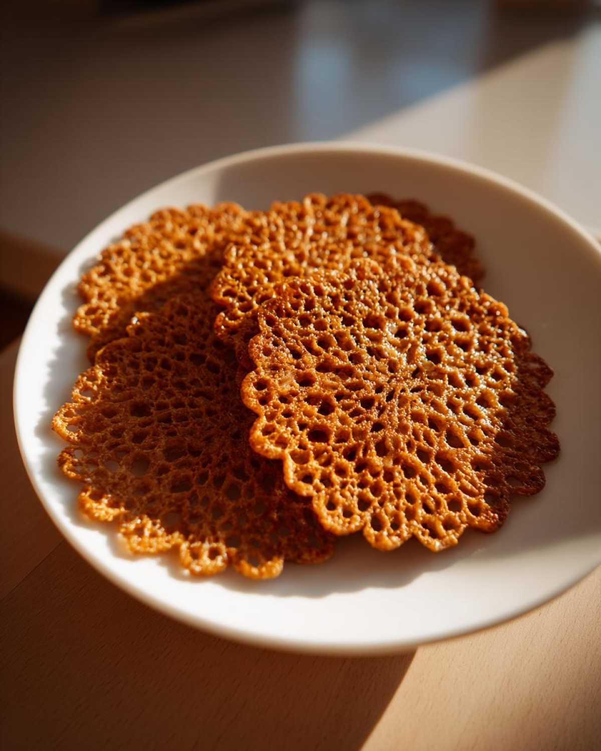 Close-up of three delicate, golden brown oatmeal lace cookies with a distinct lacy texture on a white plate.