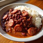 A close-up of a bowl featuring rich red beans and rice, topped with slices of smoked sausage.
