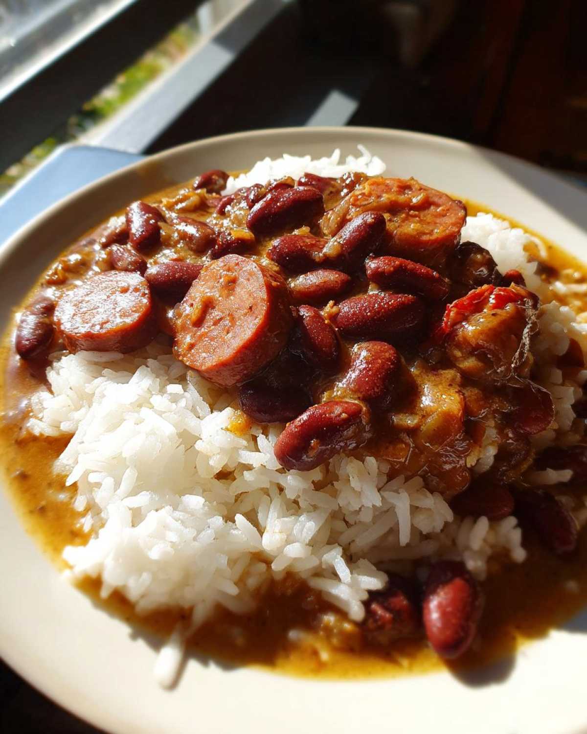A close-up of comforting beans and rice topped with slices of smoked sausage, served on a light-colored plate.