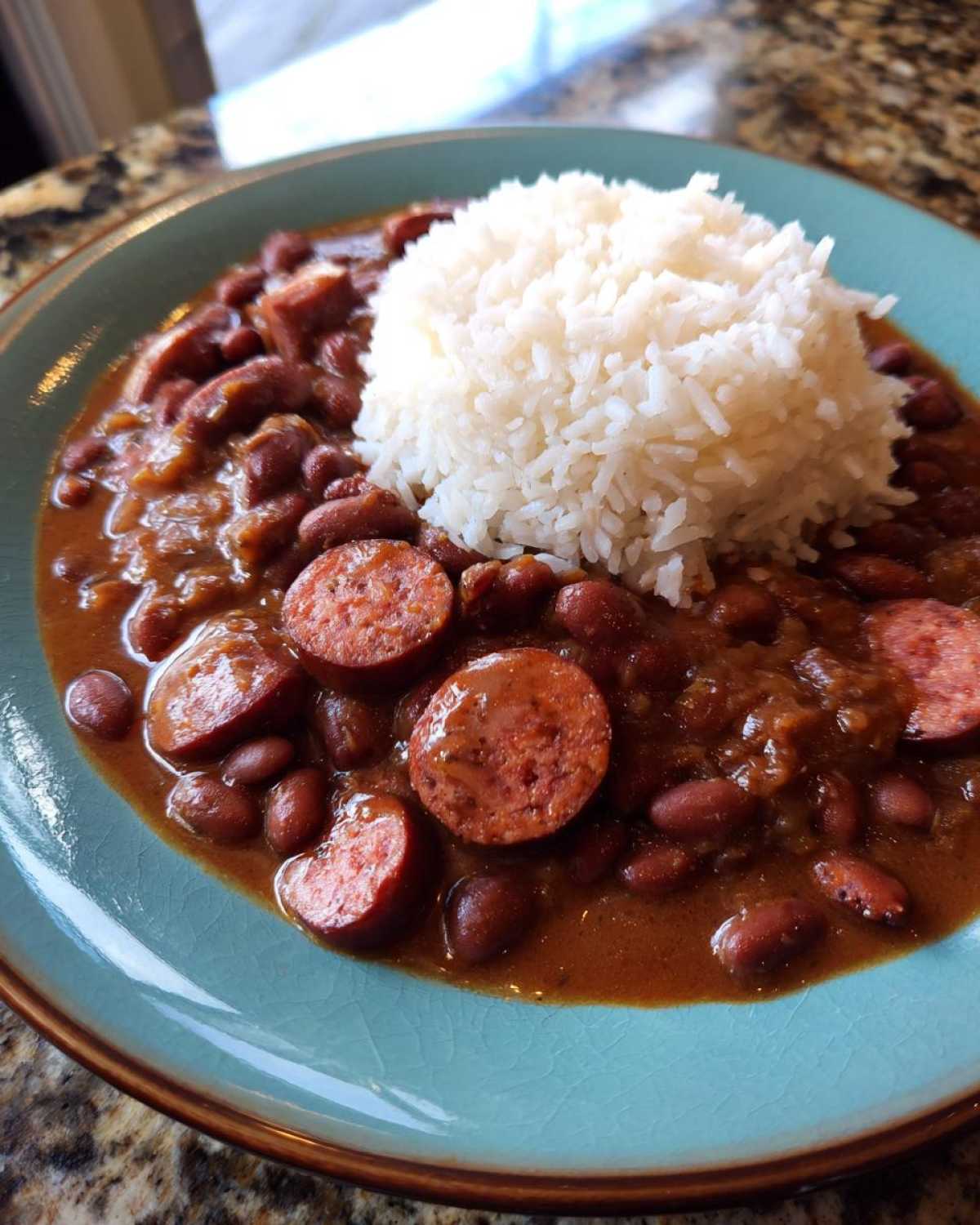 A close-up of a plate of hearty beans and rice topped with slices of smoked sausage.