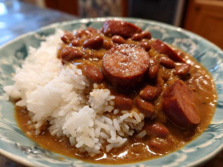 A close-up serving of flavorful beans and rice topped with sliced smoked sausage.