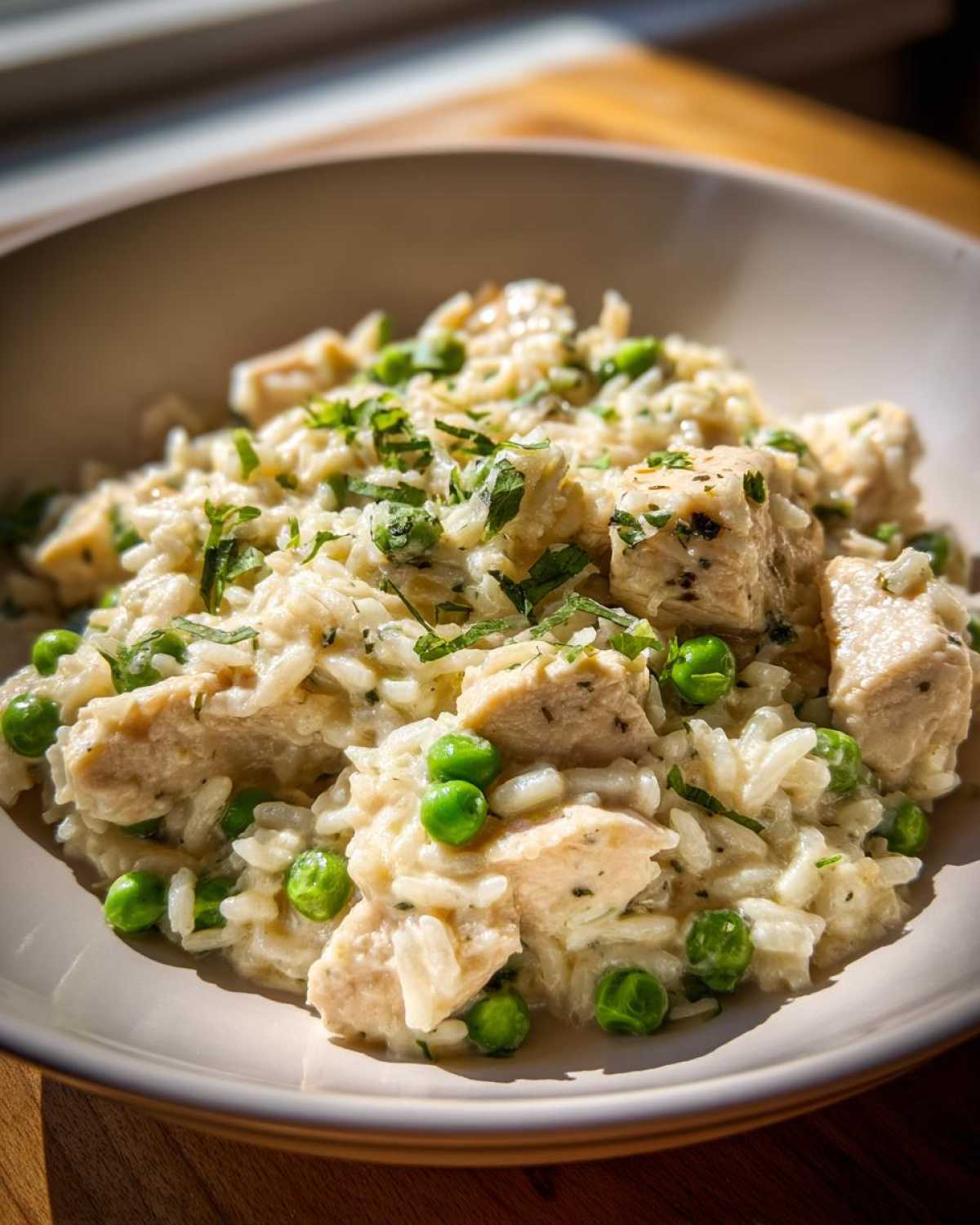 Close-up of creamy one pot chicken and rice mixed with bright green peas and fresh herbs.