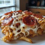 A close-up of a cheesy, baked slice of one-pot pizza pasta topped with melted mozzarella and pepperoni slices.