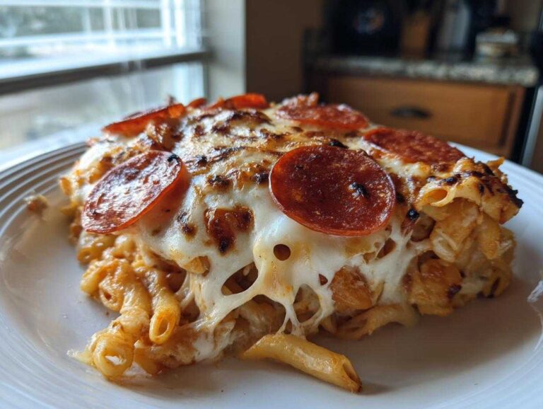 A close-up of a cheesy, baked slice of one-pot pizza pasta topped with melted mozzarella and pepperoni slices.