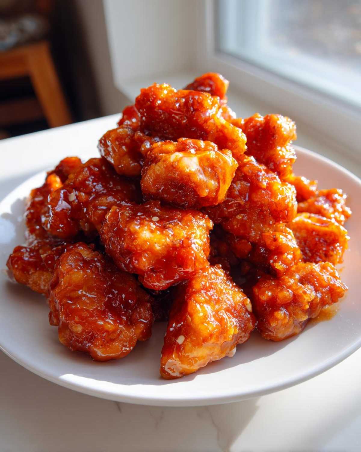 A pile of crispy, glazed pieces of orange chicken recipe served on a white plate near a window.