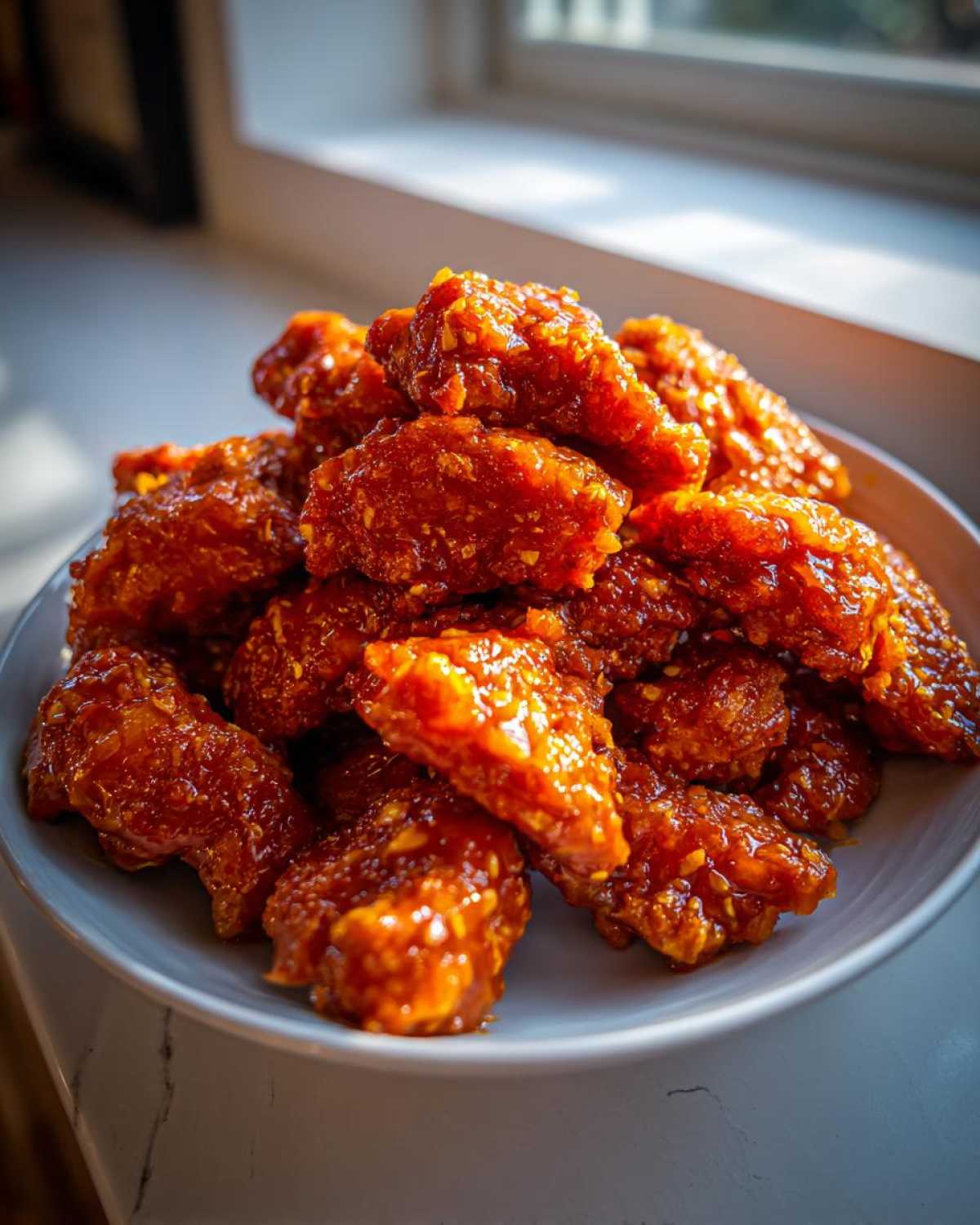 A close-up of crispy chicken pieces generously coated in a thick, glossy sauce for the orange chicken recipe.