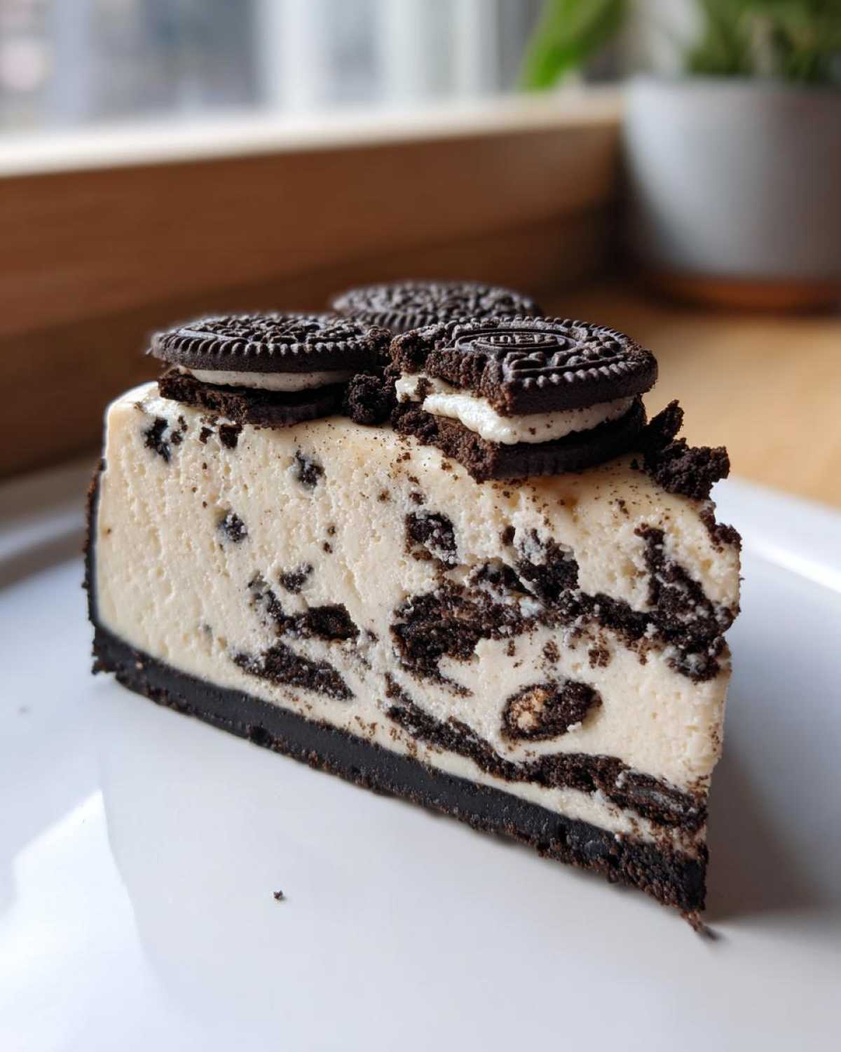 A perfect slice of creamy oreo cheesecake with chunks of cookie mixed in and topped with whole mini Oreos.