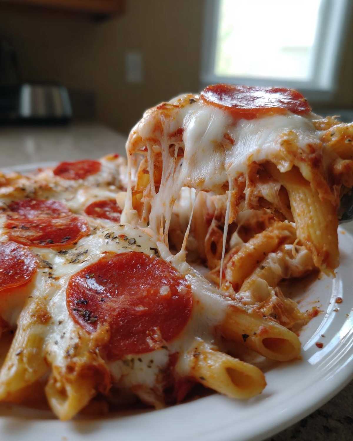 A serving spoon lifts a portion of cheesy pizza pasta, showing long cheese pulls and pepperoni slices.