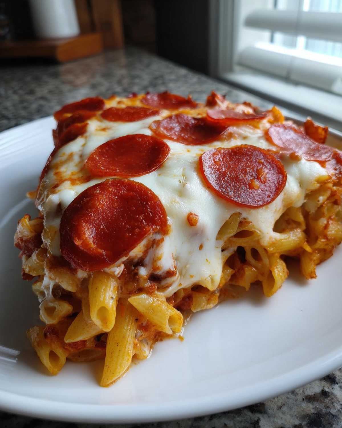 A generous serving of baked pizza pasta topped with melted mozzarella and pepperoni slices.