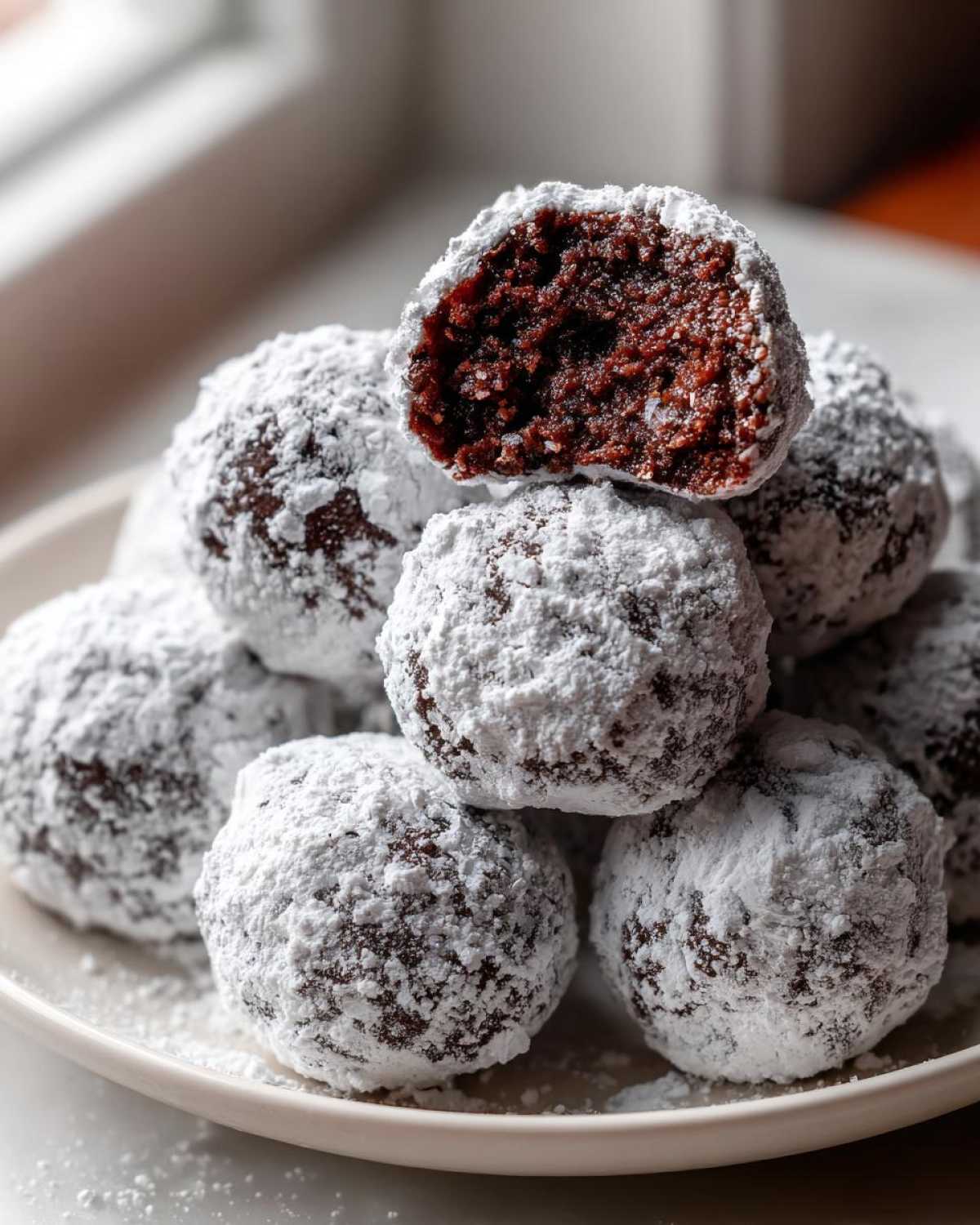 Close-up of a stack of rich, dark chocolate bourbon balls heavily dusted with powdered sugar, one cut in half showing the dense interior.