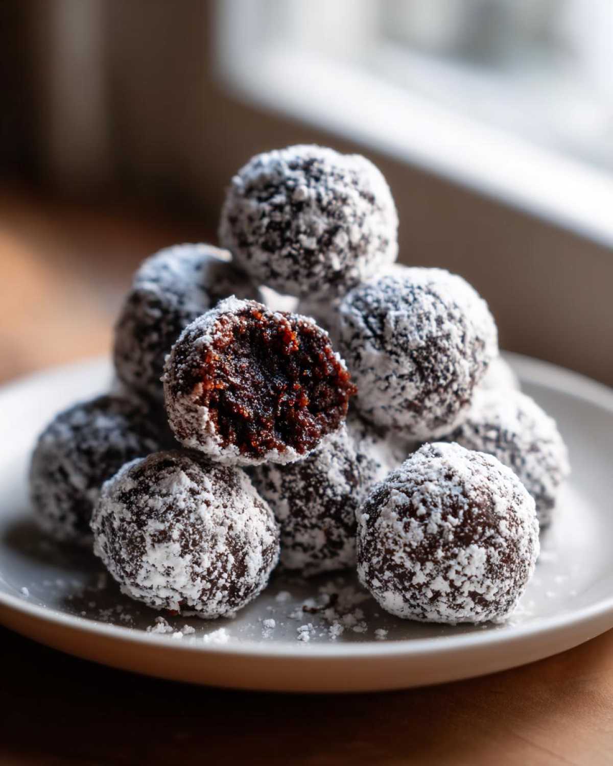 A stack of rich, dark chocolate bourbon balls generously dusted with powdered sugar, with one showing its fudgy interior.