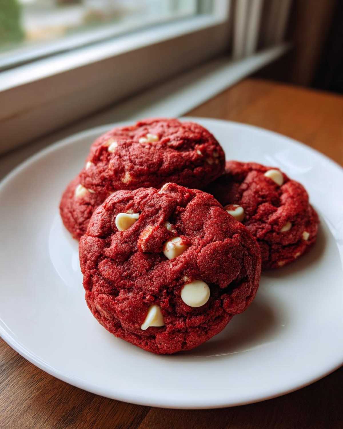 Close-up of four vibrant red velvet cake mix cookies studded with white chocolate chips on a white plate.