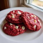 Four vibrant red velvet cake mix cookies studded with white chocolate chips resting on a white plate.