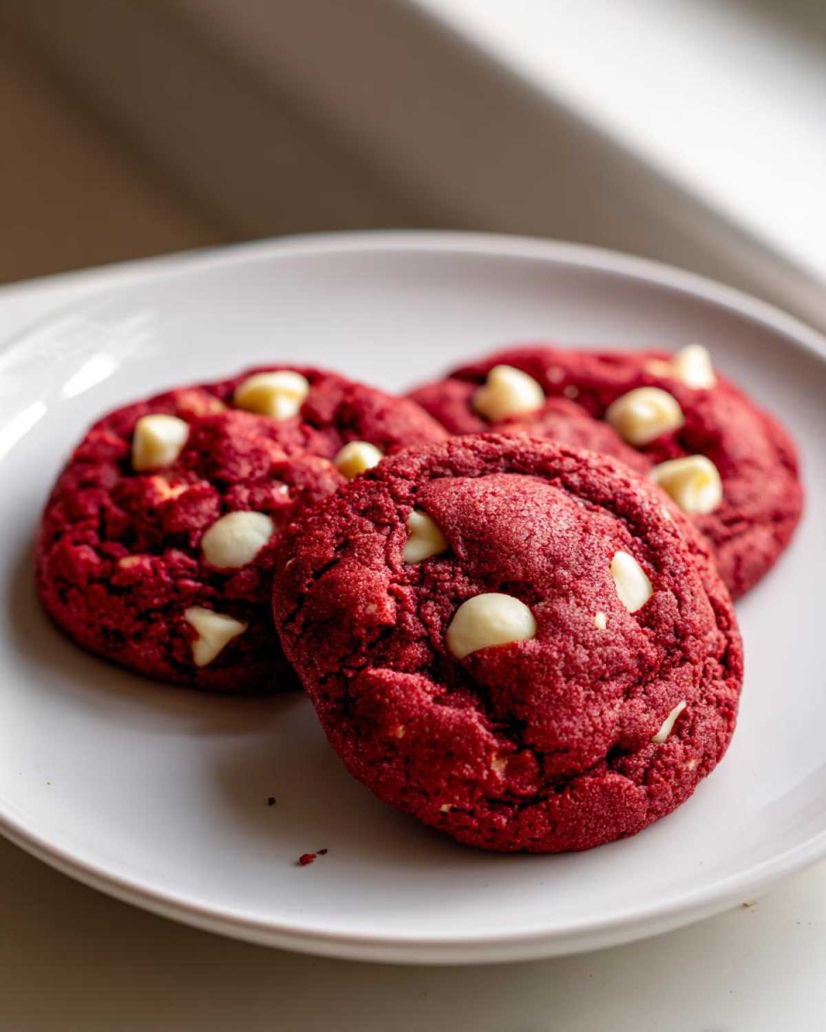 Close-up of three vibrant red velvet cake mix cookies studded with white chocolate chips on a white plate.