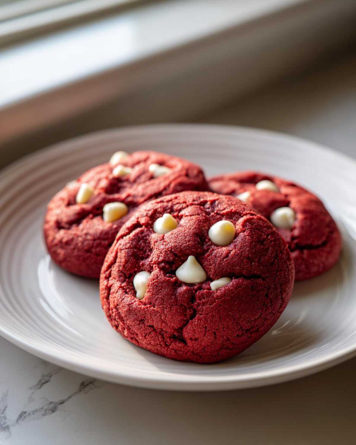 Three vibrant red velvet cake mix cookies topped with white chocolate chips, resting on a white plate.