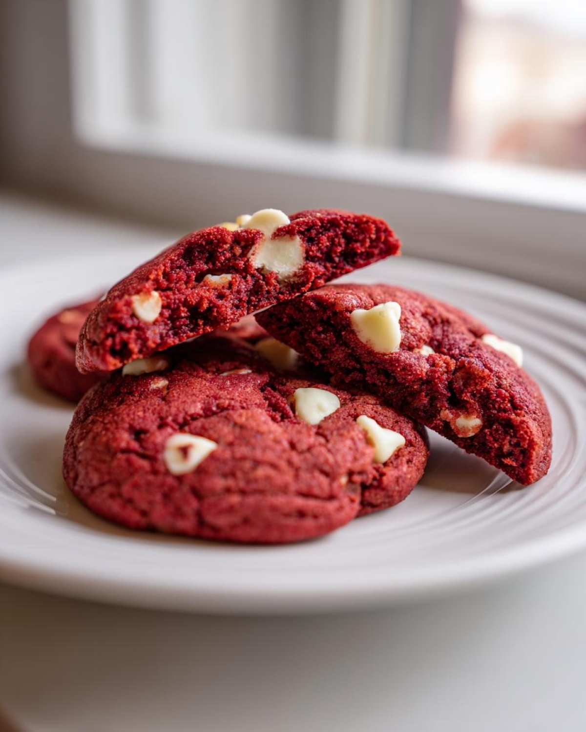 Close-up of soft, bright red velvet cake mix cookies with visible white chocolate chips on a white plate.