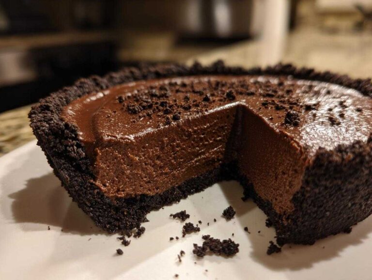 Amazing 8-ingredient chocolate mousse pie A decadent slice removed from a rich chocolate mousse pie with a dark chocolate crumb crust.