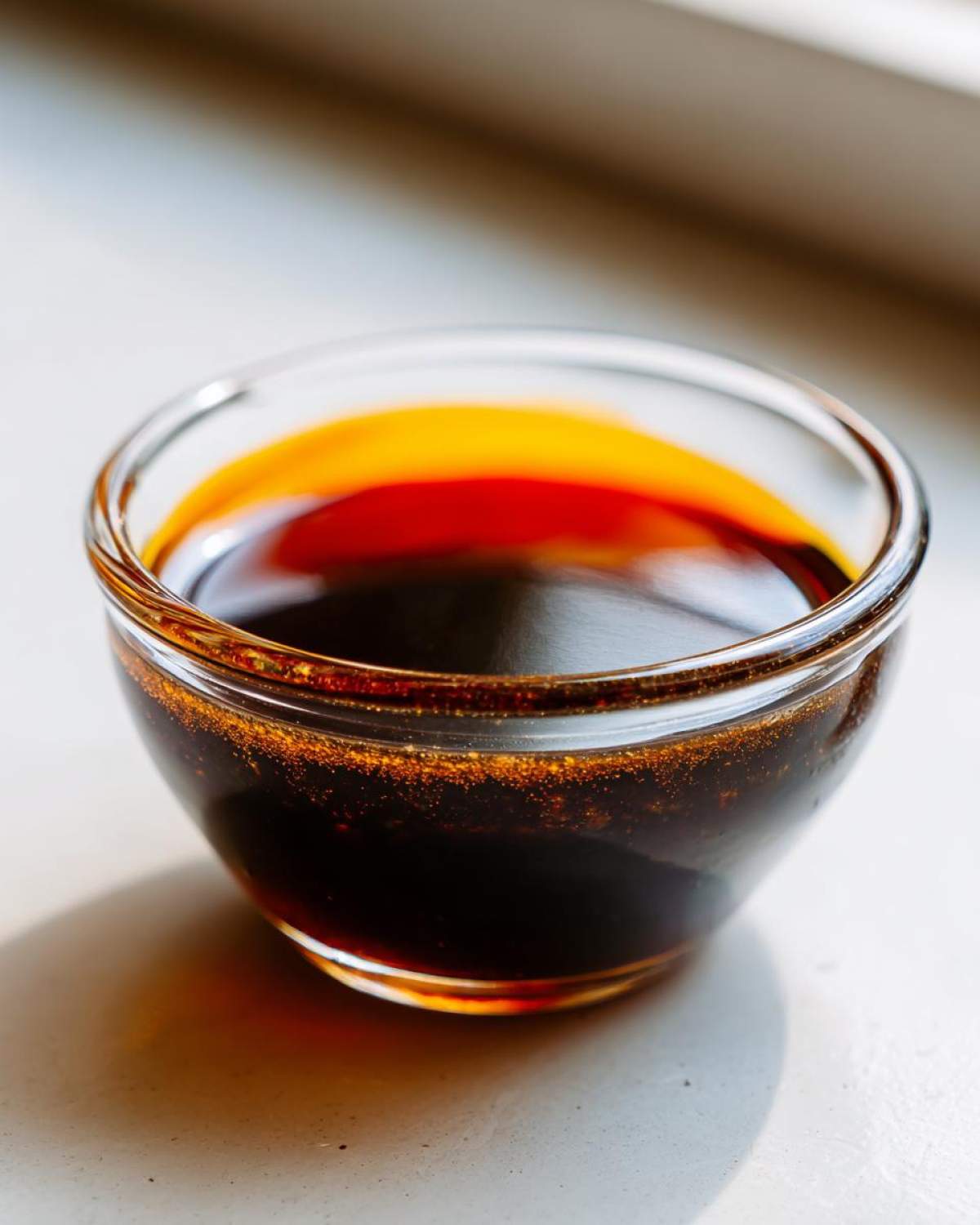 A close-up shot of thick, dark homemade teriyaki sauce resting in a small clear glass bowl.