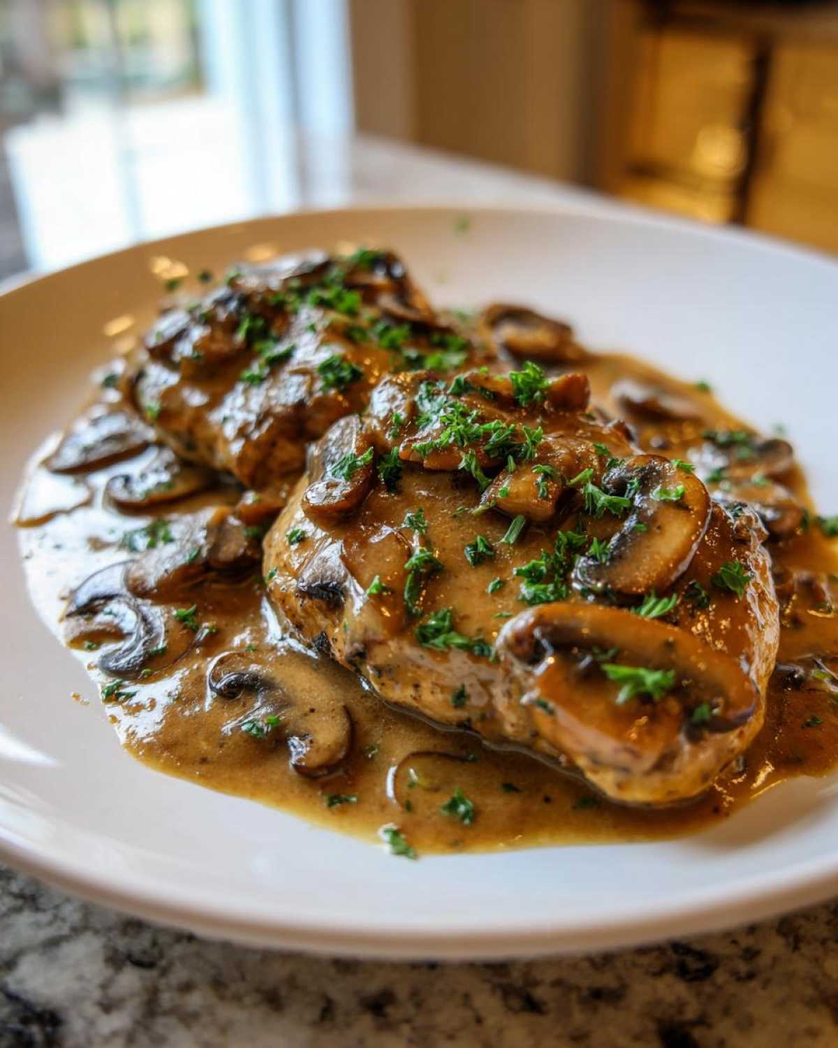 Two chicken breasts smothered in a rich mushroom sauce and topped with fresh parsley.