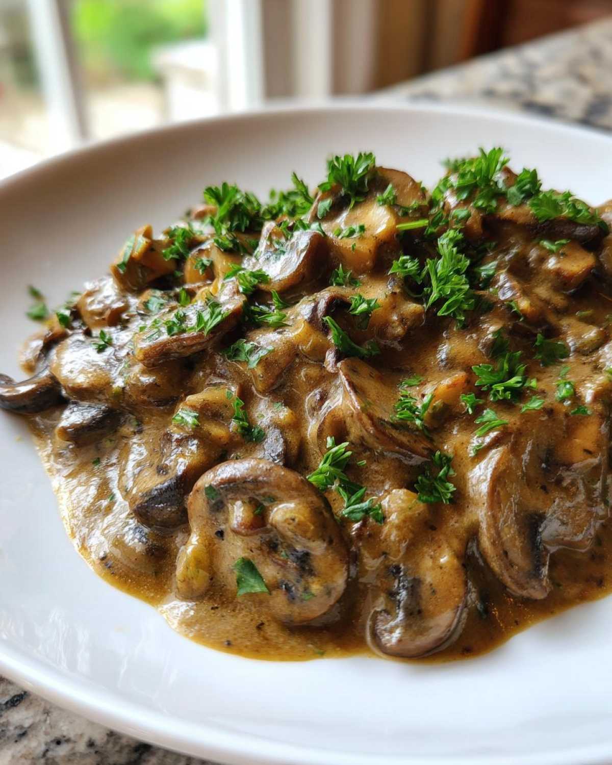 Close-up of a rich, creamy mushroom sauce loaded with sliced mushrooms and topped with fresh parsley.