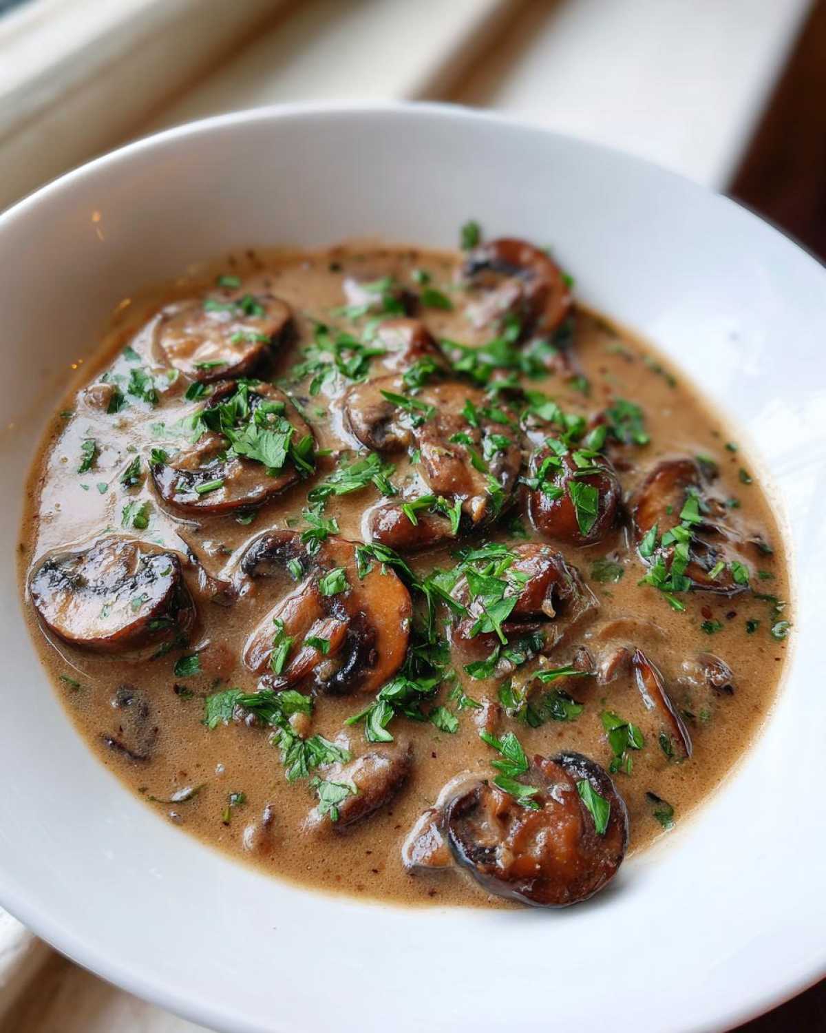 Close-up of rich mushroom sauce with sliced mushrooms and fresh parsley garnish in a white bowl.