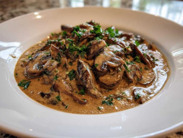 Close-up of a rich mushroom sauce, featuring sliced mushrooms coated in a creamy brown sauce and topped with fresh parsley.